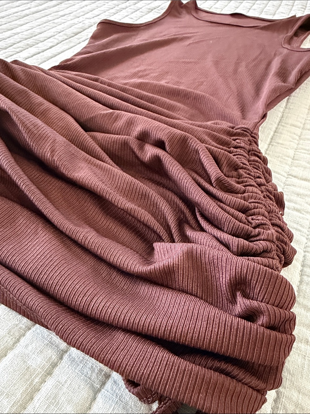 Sleeveless Ribbed Ruched Tank Dress - Mauve Brown - Picture 2 of 3